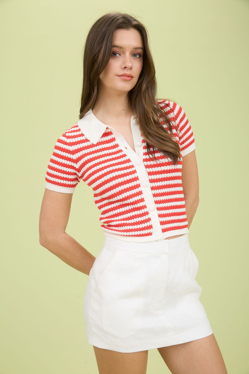 ALBA COLLARED STRIPPED CARDIGAN