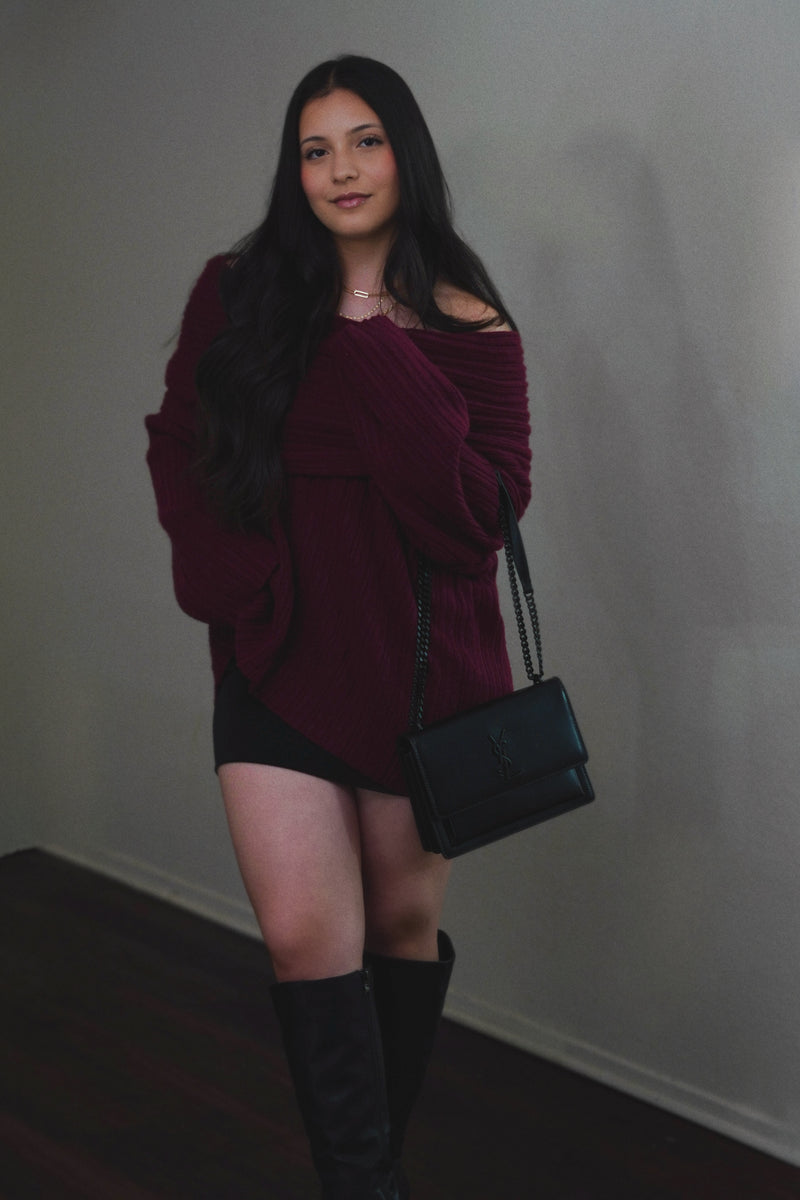 LUNA OFF SHOULDER OVERSIZED SWEATER (PLUM)